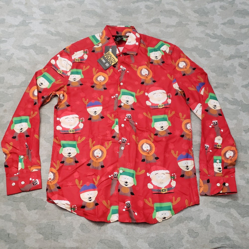 South Park Shirt Mens Medium Red Christmas Holiday Long Sleeve Button-Up NWT